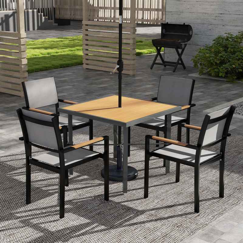 Outsunny Garden Table for 4, 90 cm Rectangular Outdoor Dining Table with 4.2 cm Umbrella Hole, Wood Effect Top, Rust Resistant Frame, for Patio, Balcony, Terrace, Natural Wood Finish