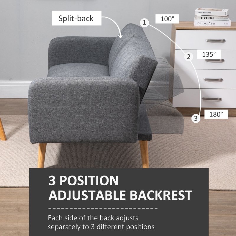 HOMCOM 3 Seater Sofa Bed, Convertible Linen Fabric Sofa Couch, Click Clack Sofabed with Adjustable Split Backrest for Living Room, Bedroom, Guest Room