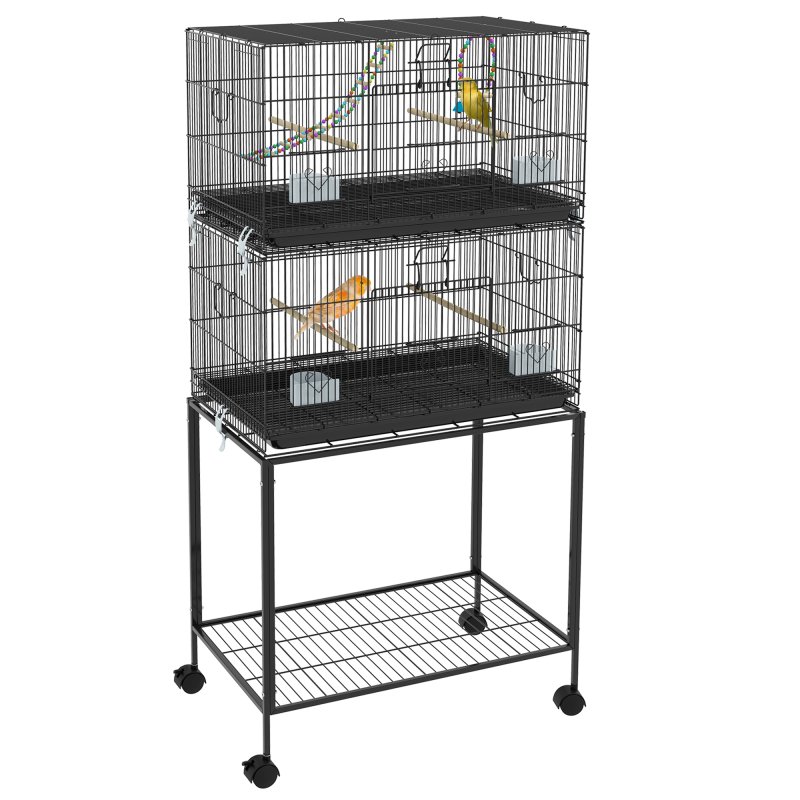 PawHut 2 Tier Bird Cage, Budgie Cage with Stand, Swing, Rope, Ladder, Wheels, Shelf, Tray, Perches, Food Containers, for Canaries, Lovebirds, Finches