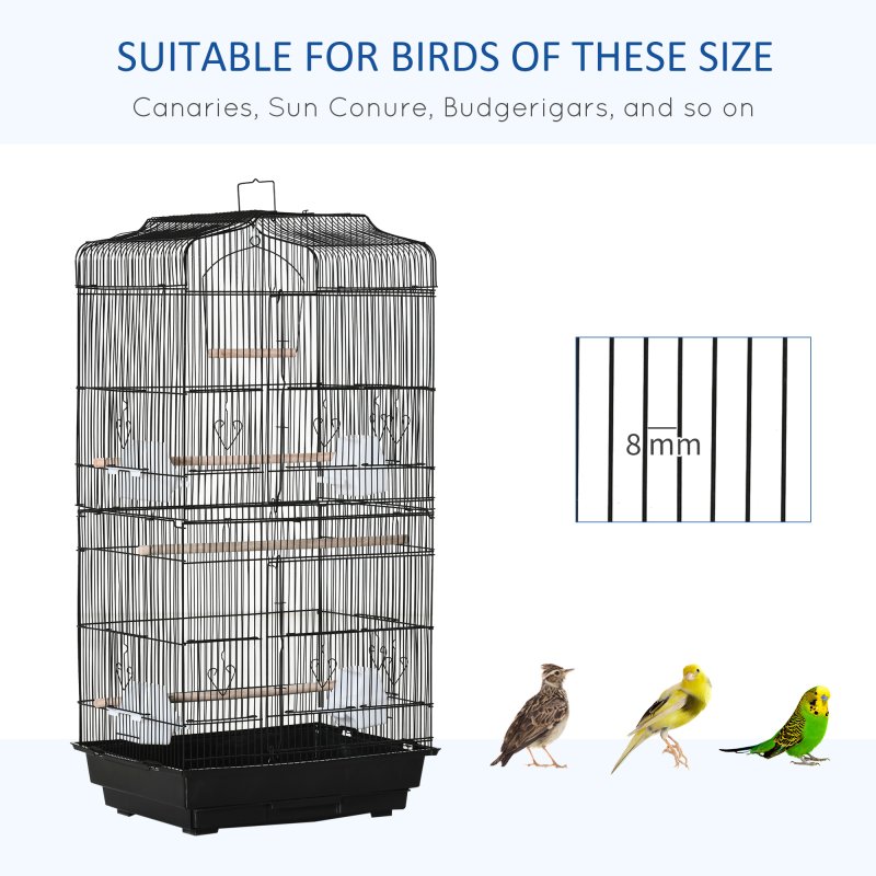 PawHut Bird Cage with Perches, Food Bowls, Swing, Parrot Cage for Budgie, Parakeet, Small Bird, 46.5 x 35.5 x 92cm, Black