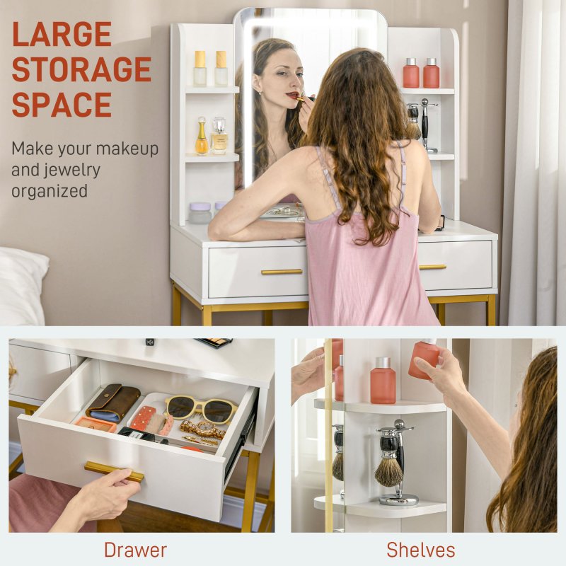 HOMCOM Dressing Table with Mirror, Cushioned Stool, 3 Colour LED Lights, Makeup Vanity Desk Set with Drawers and Open Shelves, Modern Dresser Vanity Table for Bedroom, White