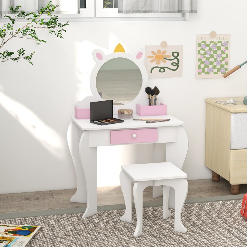 ZONEKIZ Kids Dressing Table Kids Vanity Table Girls Dressing Table with Mirror and Stool, Drawer, Storage Boxes, Unicorn Design, for Toddles Ages 3-6 Years - White and Pink