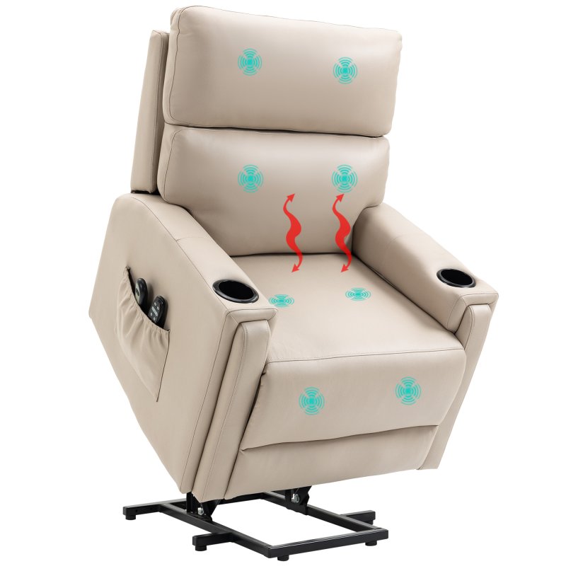 HOMCOM Riser and Recliner Chair for the Elderly, Electric Microfibre Upholstered Lift Chair with Vibration Massage and Heat, Quick Assembly, Remote Control, Cup Holders, Side Pockets, Beige