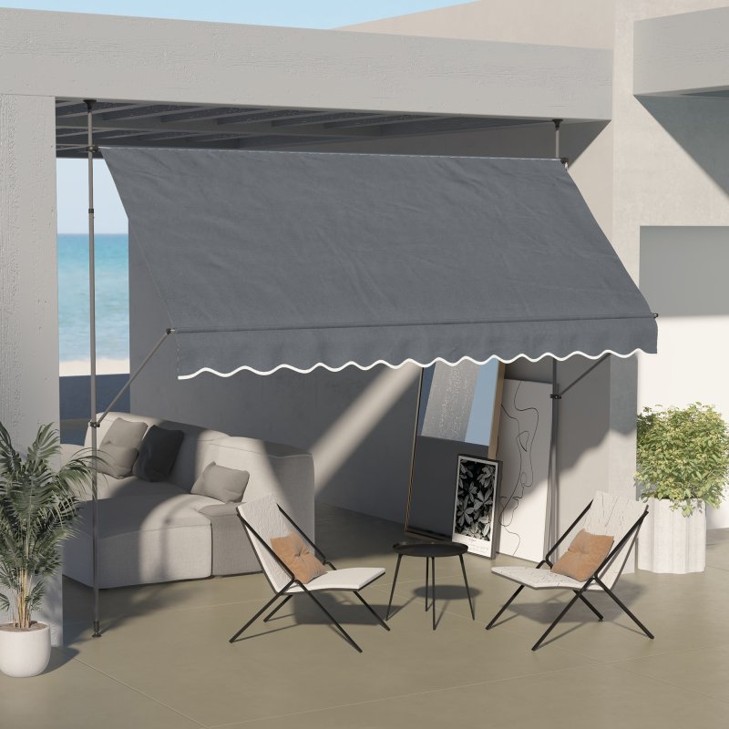Outsunny 3.5 x 1.2m Free Standing Retractable Awning, Non-Screw Patio Sun Shade Shelter with Support Pole Stand and UV Resistant Fabric, for Window, Door, Porch, Deck, Dark Grey