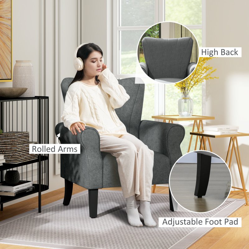 HOMCOM Armchair, Upholstered Modern Accent Chair with High Back, Rolled Arms and Wood Legs, Soft Thick Padded Living Room Chair