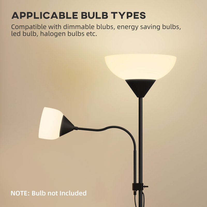 HOMCOM LED Floor Lamp for Living Room, 180cm Tall Standing Lamp, Mother and Child Uplighter with Adjustable Gooseneck, Black