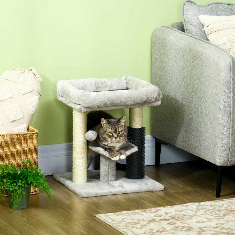 PawHut Small Cat Tree for Indoor Cats, Cat Scratching Post with Bed, Self Groomer, Toy - Grey