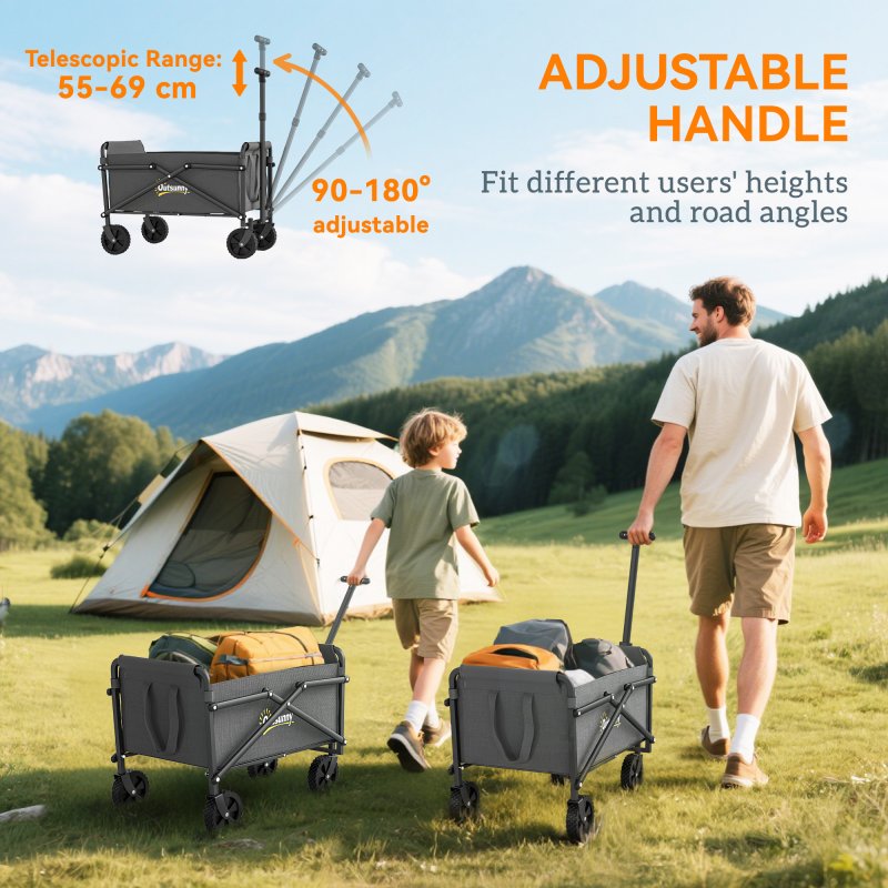 Outsunny 41L Festival Trolley on Wheels, Small Garden Folding Trolley Cart, 60kg Heavy Duty Collapsible Folding Wagon with Adjustable Handle and Carrying Bag for Beach, Camping, Festival, Grey