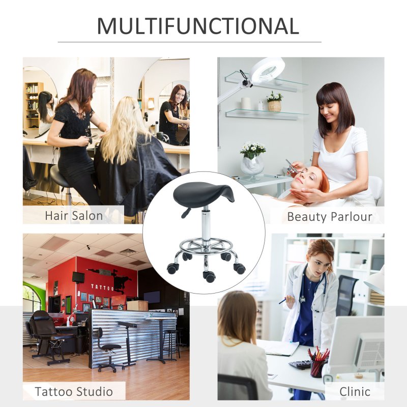 HOMCOM Saddle Stool, PU Leather Adjustable Rolling Salon Chair for Massage, Spa, Clinic, Beauty, Hairdressing and Tattoo, Black