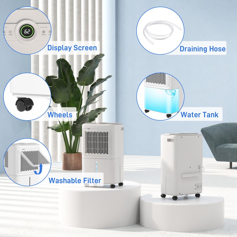 HOMCOM 12L/Day Dehumidifier with Continuous Drainage, 1.6L Water Tank, 24H Timer, Digital Humidity Display, Humidity Light, Dehumidifier for Home Damp, Bedroom, Condensation, Mould, Laundry Drying