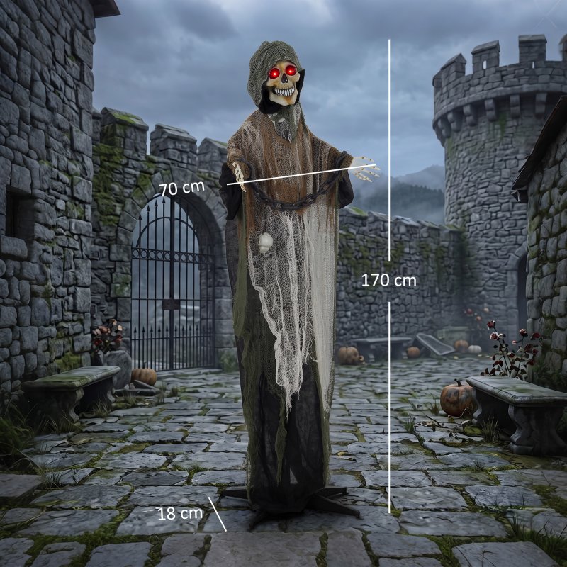 HOMCOM 170cm Animated Halloween Grim Reaper, Life-Size Halloween Animatronics with Moving Hands/Head, Glowing Eyes, Creepy Sound, Touch/Sound Activated for Covered Outdoor Yard