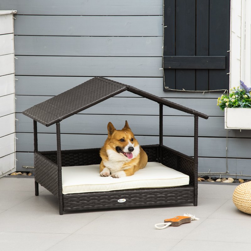 PawHut Wicker Dog Bed, Elevated Rattan Dog House with Removable Cushion and Canopy, for Small and Medium Dogs, 98 x 69 x 70cm - Cream