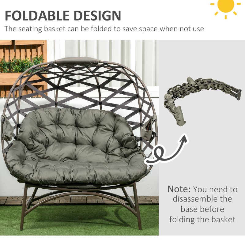 Outsunny Egg Chair Outdoor, 2 Seater Folding Weave Garden Furniture Chair with Cushion, Cup Pockets for Patio Balcony - Sand Brown