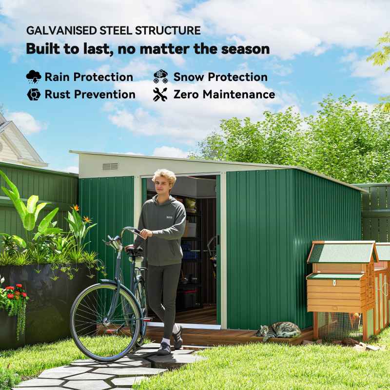 Outsunny 11.3 x 9.2ft Lean to Metal Garden Shed, Outdoor Galvanised Tool Storage House with Double Sliding Doors and 2 Air Vents, Green
