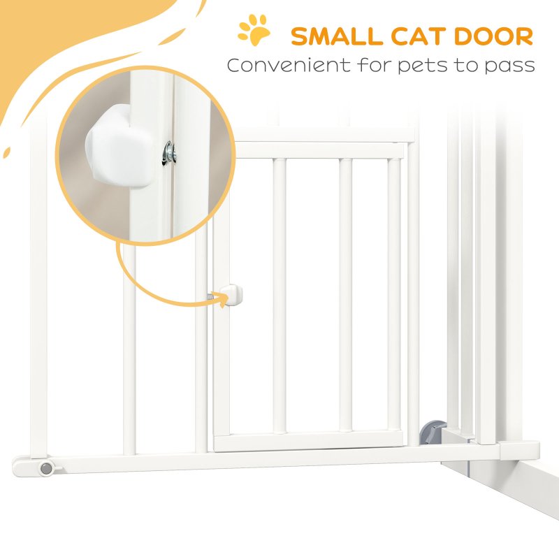 PawHut Dog Stair Gate Pet Barrier with Small Cat Door, Pressure Fit Safety Gate  with Auto Closing System, Double Locking, for Hallways, 74-100 cm Openings - White
