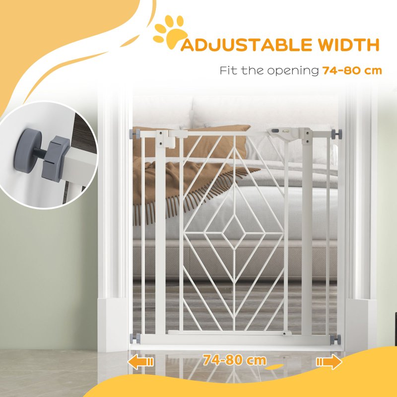 PawHut Pressure Fit Safety Gate for Doorways and Staircases, Dog Gate with Auto Closing Door, Pet Barrier for Hallways with Double Locking, Openings 74-80cm - White
