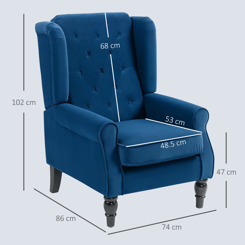 HOMCOM Retro Accent Chair, Velvet Wingback Armchair with Wood Frame Button Tufted Design for Living Room Bedroom, Blue