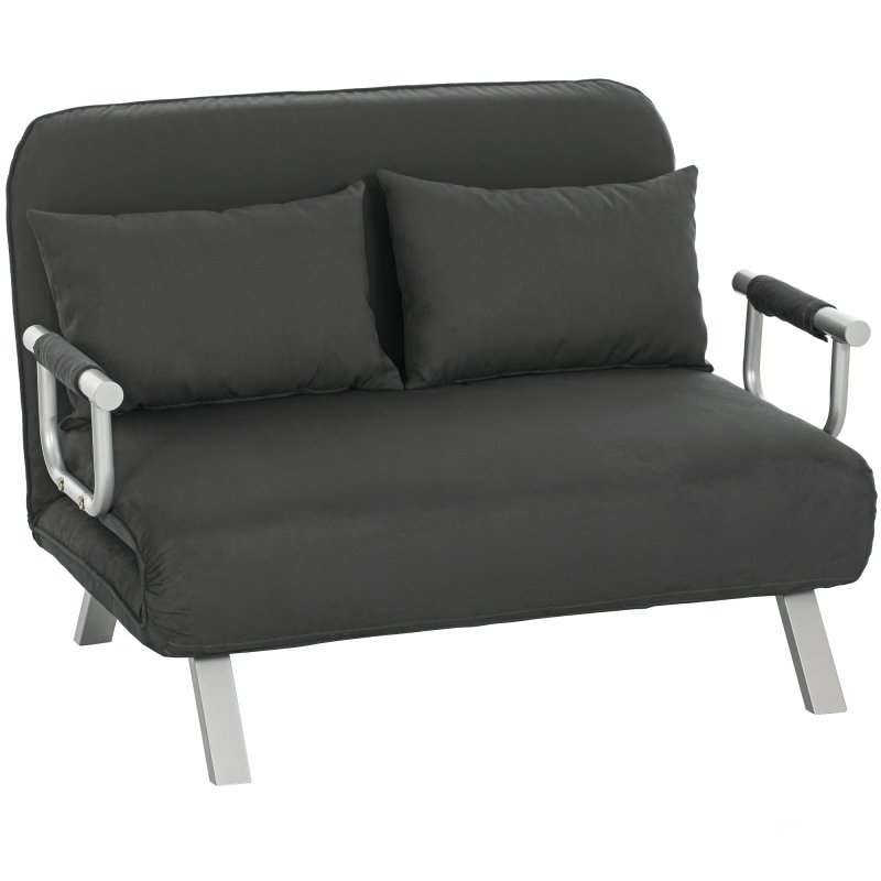 HOMCOM 2 Seater Sofa Bed, Click Clack Convertible Bed Settee, Modern Velvet Feel Fabric Sofa with 2 Cushions for Living Room, Bedroom, Guest Room, Charcoal Grey