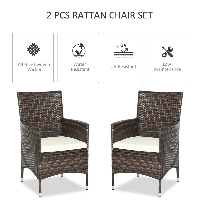 Outsunny 2 Pieces Outdoor PE Rattan Dining Chairs Set with Cushion, Garden Armchair with Armrests, High Backrest, Metal Frame Patio Wicker Furniture, Mixed Brown