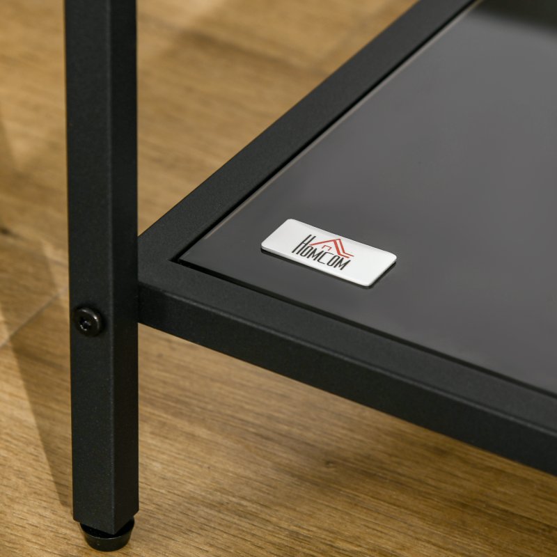 HOMCOM Tempered Glass Side Table with Storage, Modern 2-Tier Bedside Table with Steel Frame, Black