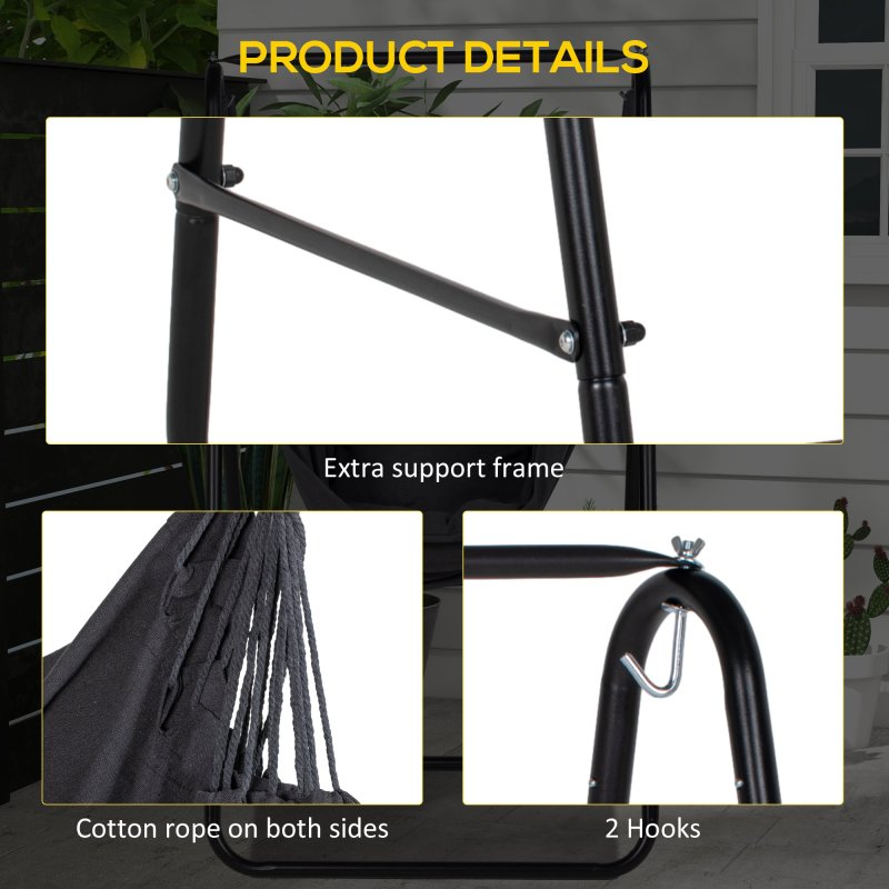 Outsunny Patio Hammock Chair with Stand, Outdoor Hammock Swing Hanging Rope Chair with Cushion, Armrest, Hooks, Dark Grey