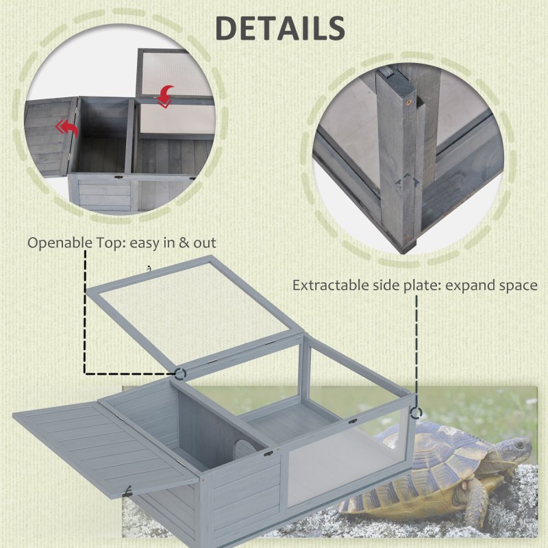 PawHut Tortoise House, Wooden Tortoise Enclosure Small Reptile House with Mesh Roof, Removable Side Panel, for Indoor - Grey