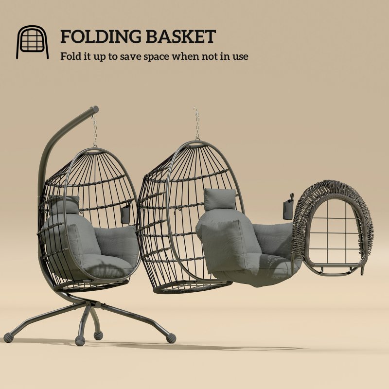 Outsunny Hanging Egg Chair Outdoor Indoor Garden Swing Chair with Folding Basket and Thickened Cushion, Garden Hanging Chair with Stand, Headrest, Cup Holder for Patio, Balcony, Dark Grey