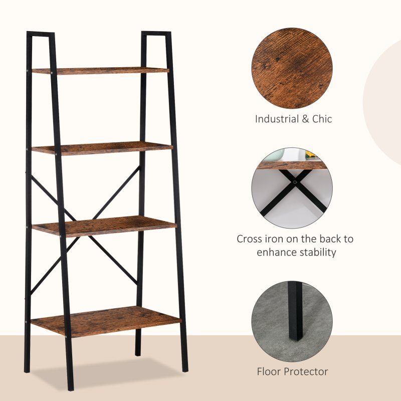 HOMCOM Ladder Shelf, Bookshelf, 4-Tier Industrial Storage Rack for Living Room, Bedroom, Kitchen