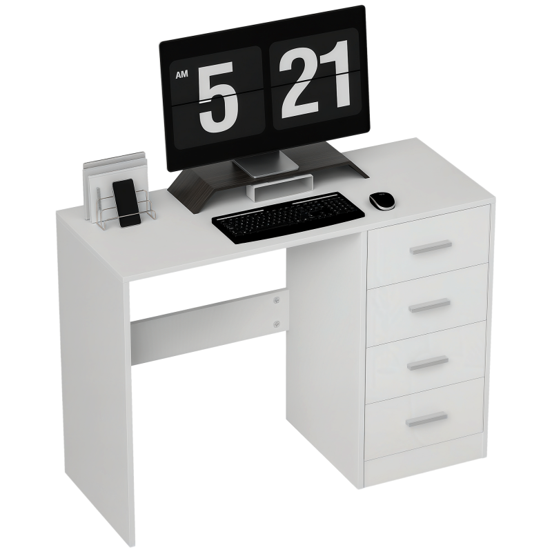 HOMCOM Computer Desk with Drawers, Dressing Table, High Gloss Home Office Writing Workstation, White