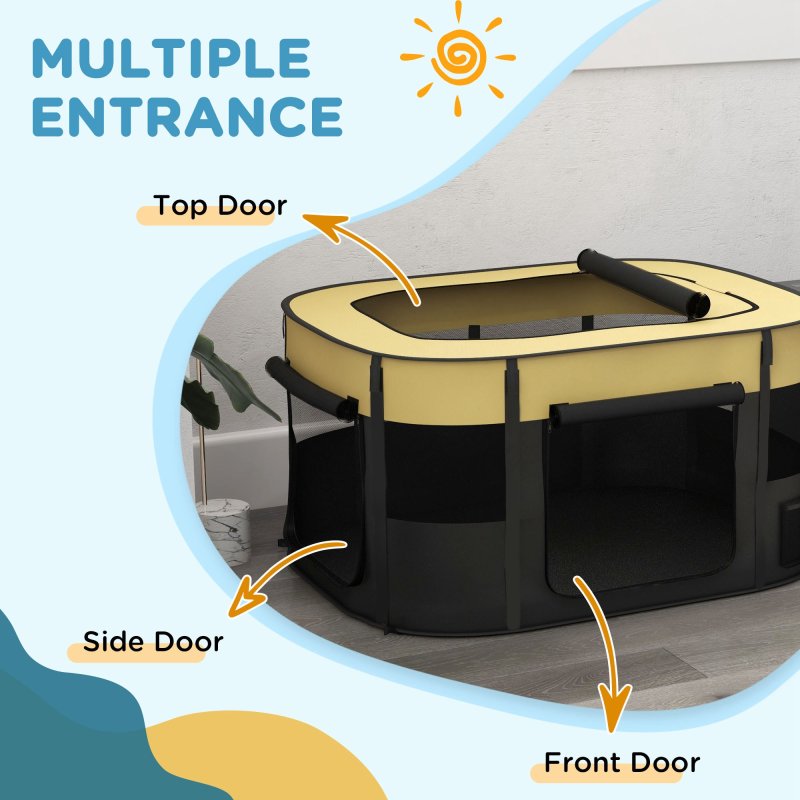 PawHut Dog Pen, Pet Playpen, Portable Foldable Dog Cat Playpen Soft Pet Cage with Storage Bag for Puppies, Rabbits, Kittens, Guinea Pigs, 114 x 89 x 59cm - Yellow