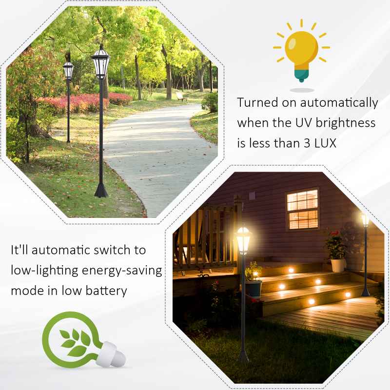 Outsunny 2 PCS 1.3M Garden Solar Lamp Post Lights Solar Powered LED Lantern Patio Pathway Walkway Outdoor Water-Resist Auto Switch 6 Hours Black