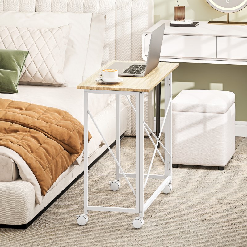 HOMCOM Small Folding Desk, 80 cm Foldable Computer Desk on Wheels for Small Space, Easy Assembly, Space Saving Writing Table for Home Office, Bedroom, Natural Tone