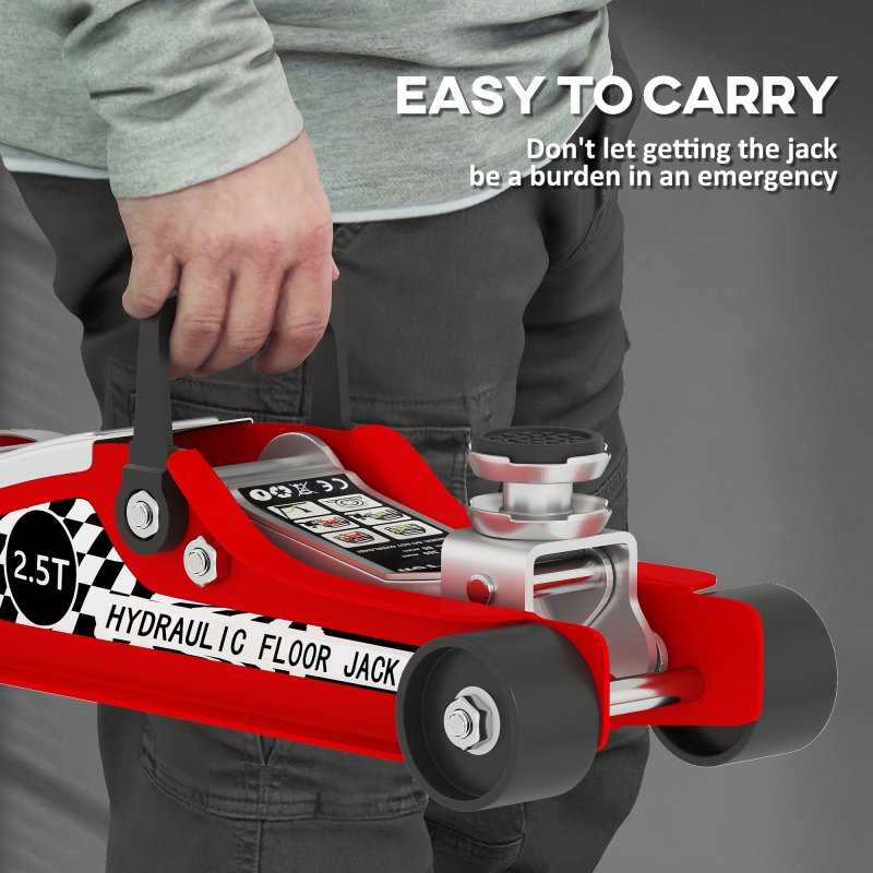 HOMCOM Hydraulic Low Profile Floor Jack, 2.5 Tonne Heavy Duty Steel Trolley Car Jack Lift with 80-360 mm Lifting Range, Wheels, Top Handle, Red