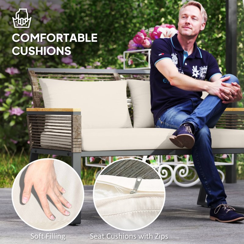 Outsunny 4 Piece Rattan Garden Furniture, 4 Seater Rattan Sofa Set, Round Wicker Rope Patio Conversation Set with 2 Armchairs, Loveseat, Glass Top Coffee Table and Cushions for Outdoor, Balcony, Grey