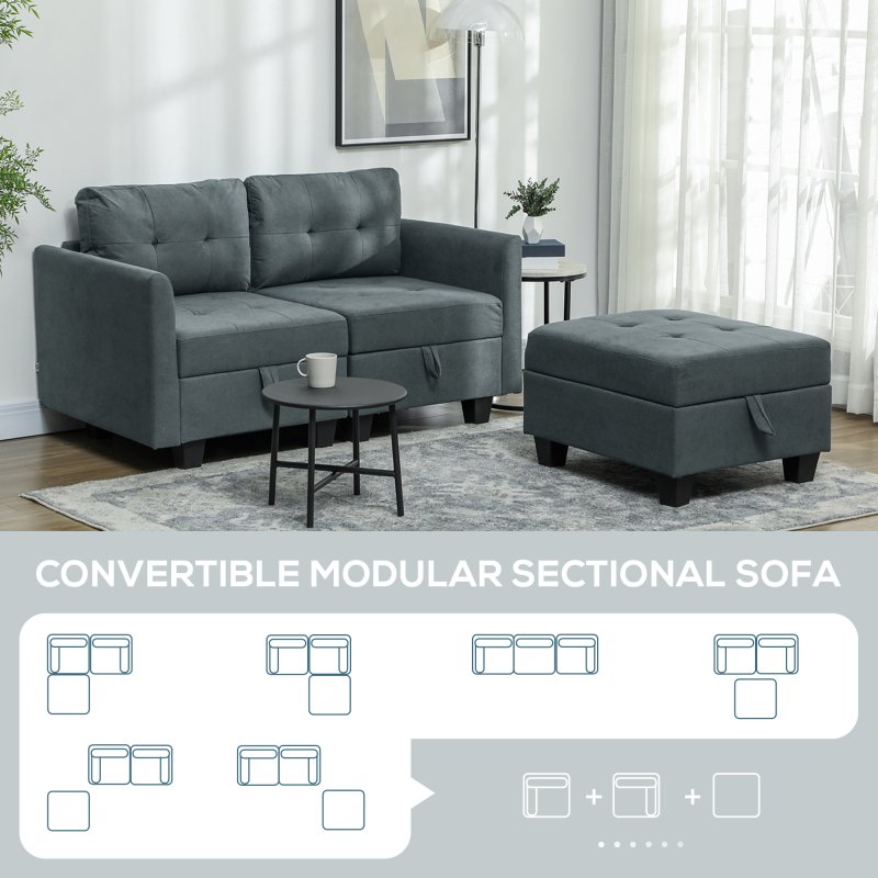 HOMCOM Convertible Modular Sectional Sofa with Storage, Tufted 2 Seater Sofa Set, L Shaped Couch with Ottoman, Wood Frame for Living Room