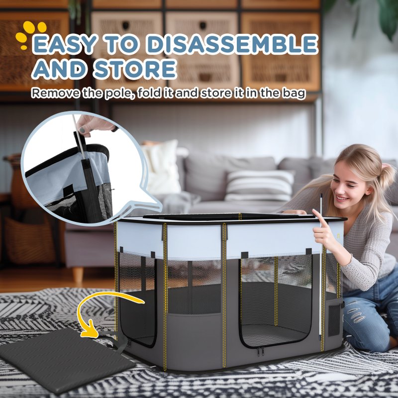 PawHut Dog Pen, Pet Playpen, Portable Foldable Dog Cat Playpen Soft Pet Cage with Storage Bag for Puppies, Rabbits, Kittens, Guinea Pigs, 94 x 74 x 60cm - Grey