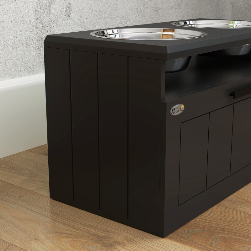 PawHut Raised Dog Bowl, Elevated Pet Bowls with Slow Feeder, Two Stainless Steel Bowls, Drawer, for Large & Extra Large Dogs, Black