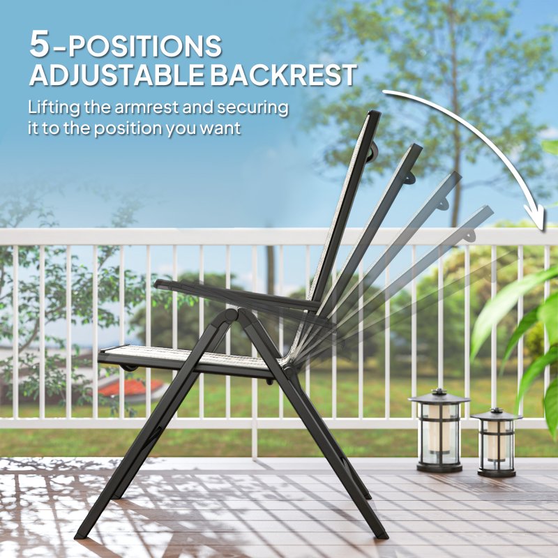 Outsunny Rattan Folding Chair Outdoor Set of 2, 5-Position Adjustable Wicker Garden Dining Chair with High Backrest, Wide Armrest, for Patio, Terrace, Balcony, Black