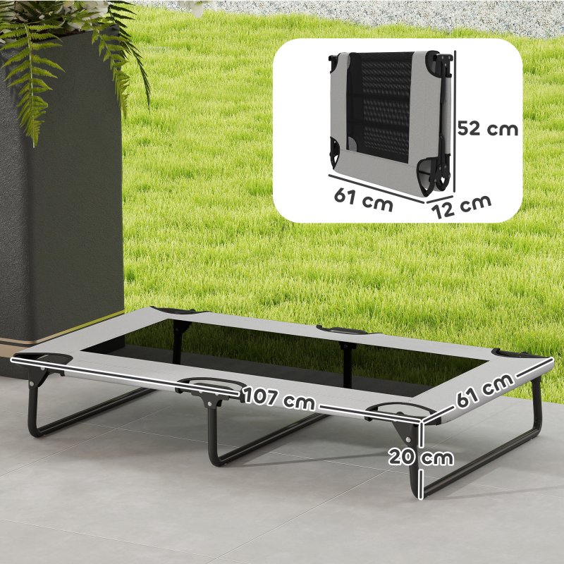 PawHut Raised Dog Bed, Portable Elevated Pet Cot with Breathable Mesh for Indoor Outdoor, for Large Dogs, 107 x 61 x 20 cm, Light Grey