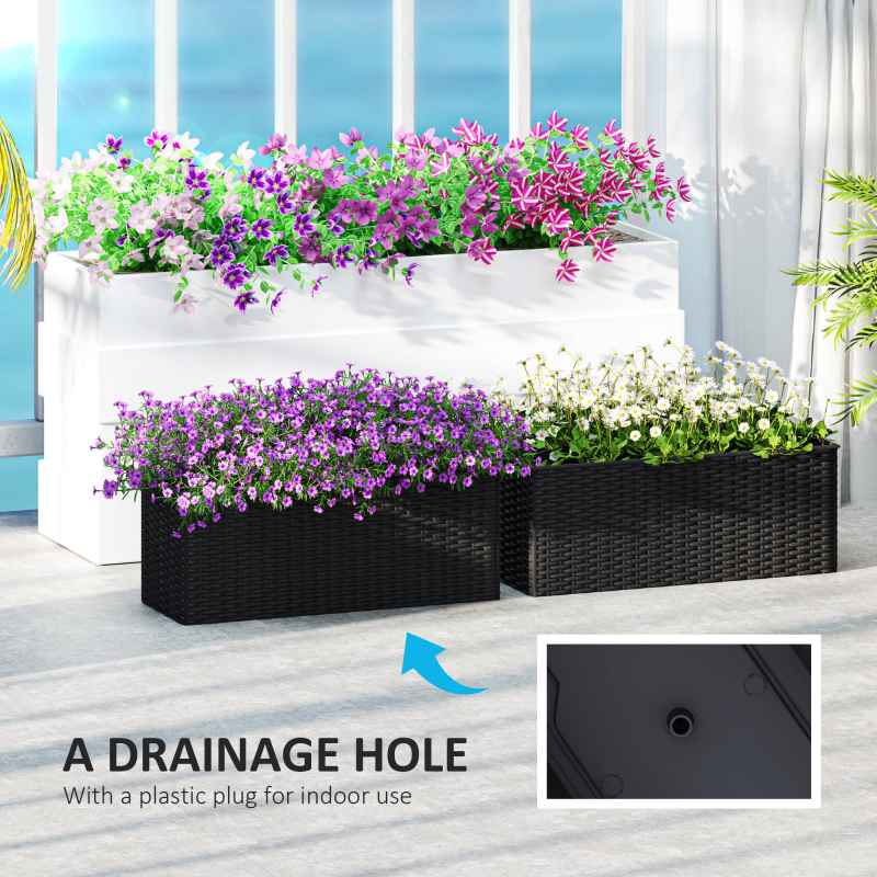 Outsunny Set of 2 Hanging Flower Boxes, 50 cm Long, Rattan Look Flower Pot with Drainage Holes and Hooks, Railing Box for Fence Balcony Garden