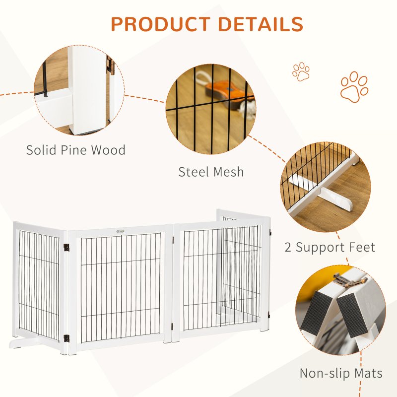 PawHut Freestanding Pet Gate 4 Panel Wooden Dog Barrier Foldable Safety Fence with Support Feet 264cm Long 77cm Tall for Doorway Stairs White