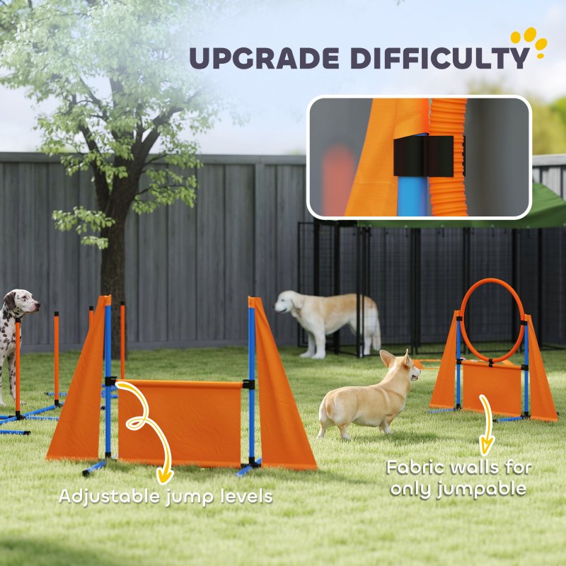 PawHut 6-Piece Dog Agility Equipment, Pet Agility Training Set with Weave Poles, Jump Ring, Hurdle, Pause Box, Obstacle Training Course Kit with Bag, Orange