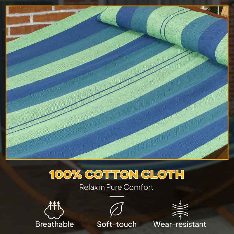 Outsunny Outdoor Hammock with Stand, Garden Hammock with Triple-Head Eucalyptus Wood Arc Frame, 1 Person Cotton Bed and Head Pillow, Freestanding Garden Swing Bed for Patio, Blue Stripe