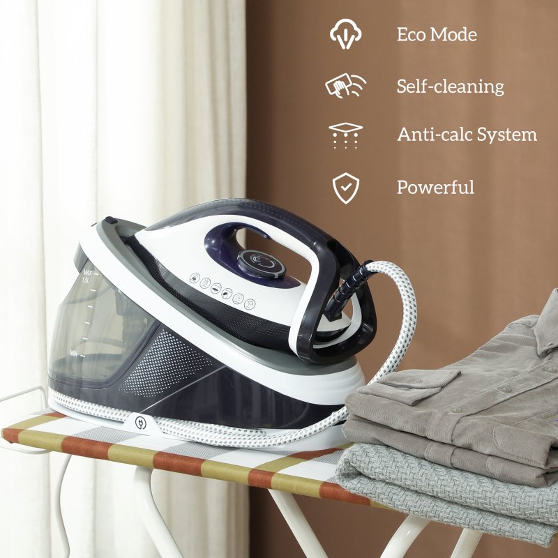 HOMCOM Steam Generator Iron with ECO Mode, Self-Cleaning, Powerful Vertical Steam, Automatic Shut-Off, Ceramic Non-stick Soleplate, Large 1.5L Detachable Water Tank, 8 Bar, 2600W, Blue