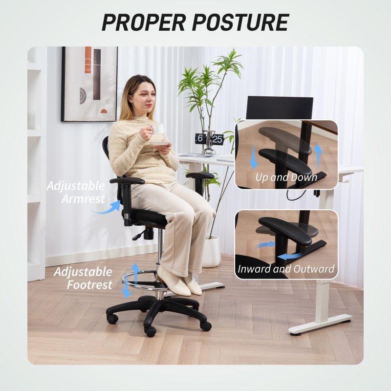 HOMCOM Drafting Chair with Adjustable Armrests, Ergonomic Mesh Office Chair with Lumbar Support, Adjustable Height and Footrest for Standing Desk, Black