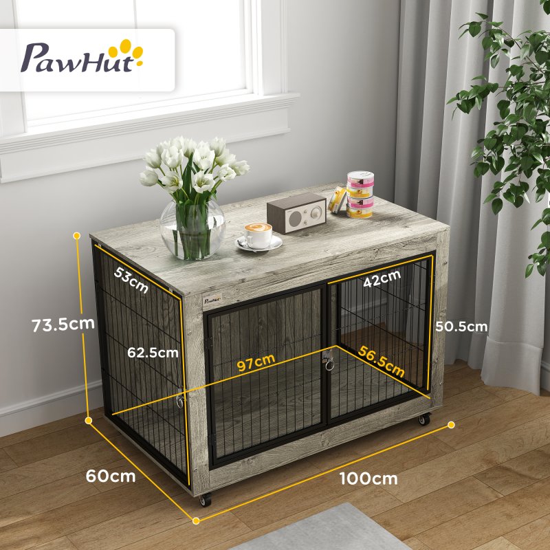 PawHut Dog Crate Furniture on Wheels, Dog Cage End Side Table with Lockable Double Doors, for Large Breeds, 100 x 60 x 73.5cm, Grey