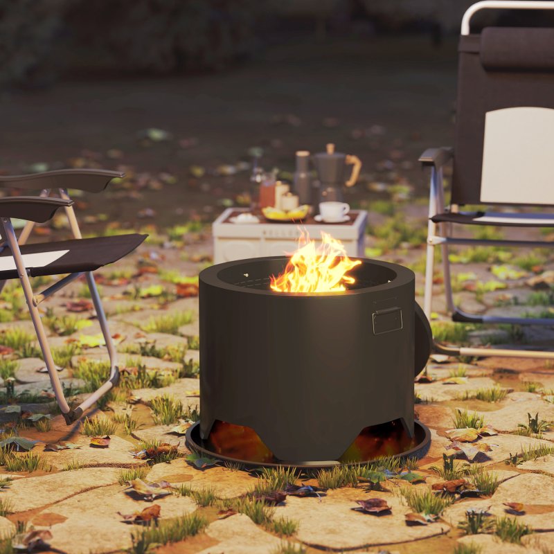 Outsunny Outdoor Round Fire Pit with Lid, Wood Burning Firepit with Fire Poker and Floor Mat for Patio Bonfire BBQ Camping, Black