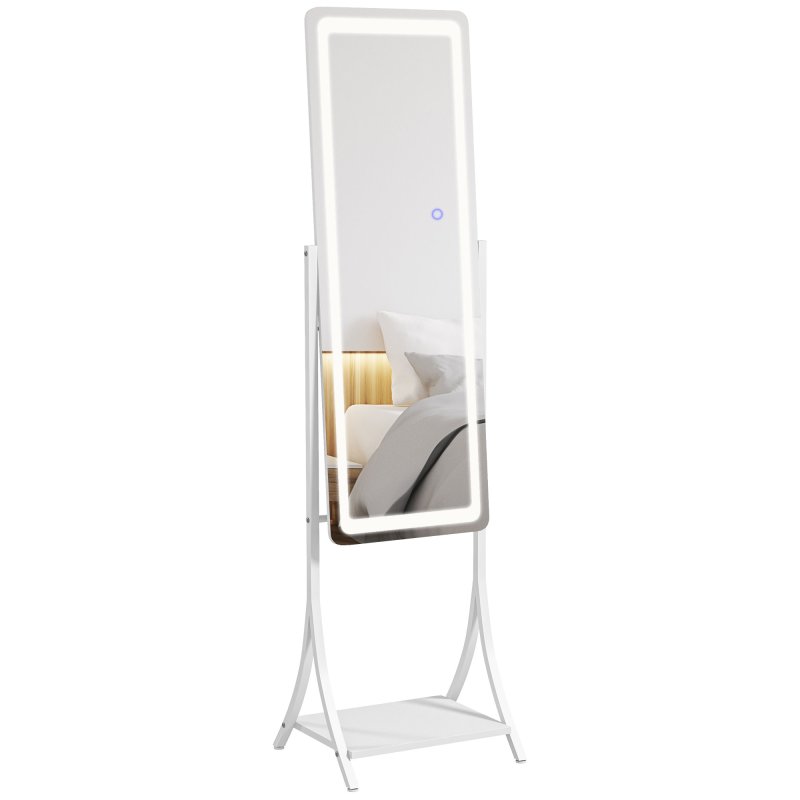 HOMCOM Full Length Mirror with LED Lights, Dimmable Free Standing Full Body Mirror with 3 Temperature Colours, Adjustable Angle and Storage Shelf for Bedroom, Living Room, Hallway, White