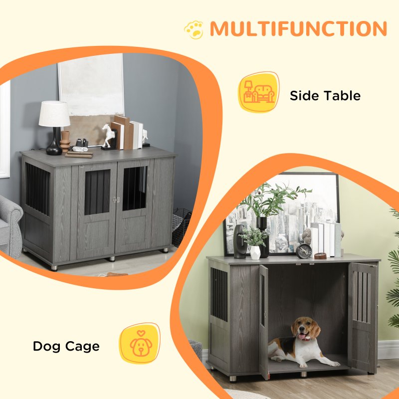 PawHut Dog Crate Furniture End Table, Pet Kennel for Extra Large Dogs with Magnetic Door Indoor Animal Cage, Grey, 114 x 60 x 82 cm