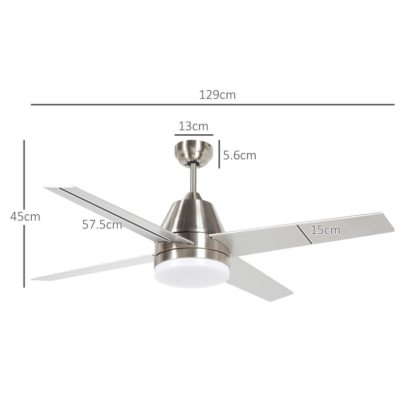 HOMCOM 50" Ceiling Fan with Lights and Remote, Quiet DC Motor Fans with 4 Reversible Blades, 6 Speeds and Timer for Bedroom, Living Room, Silver and Black